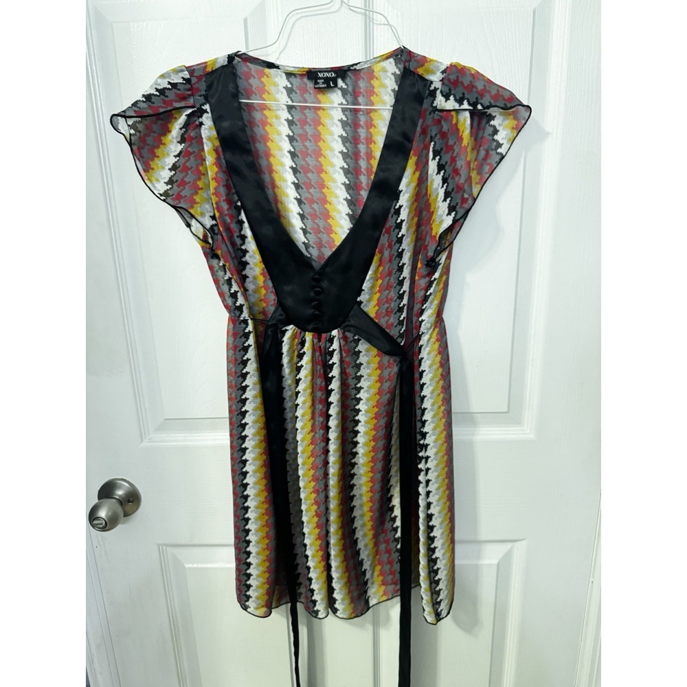 XOXO Juniors L Sheer Houndstooth Tunic Top Tie Back Flutter Sleeve Y2K Style